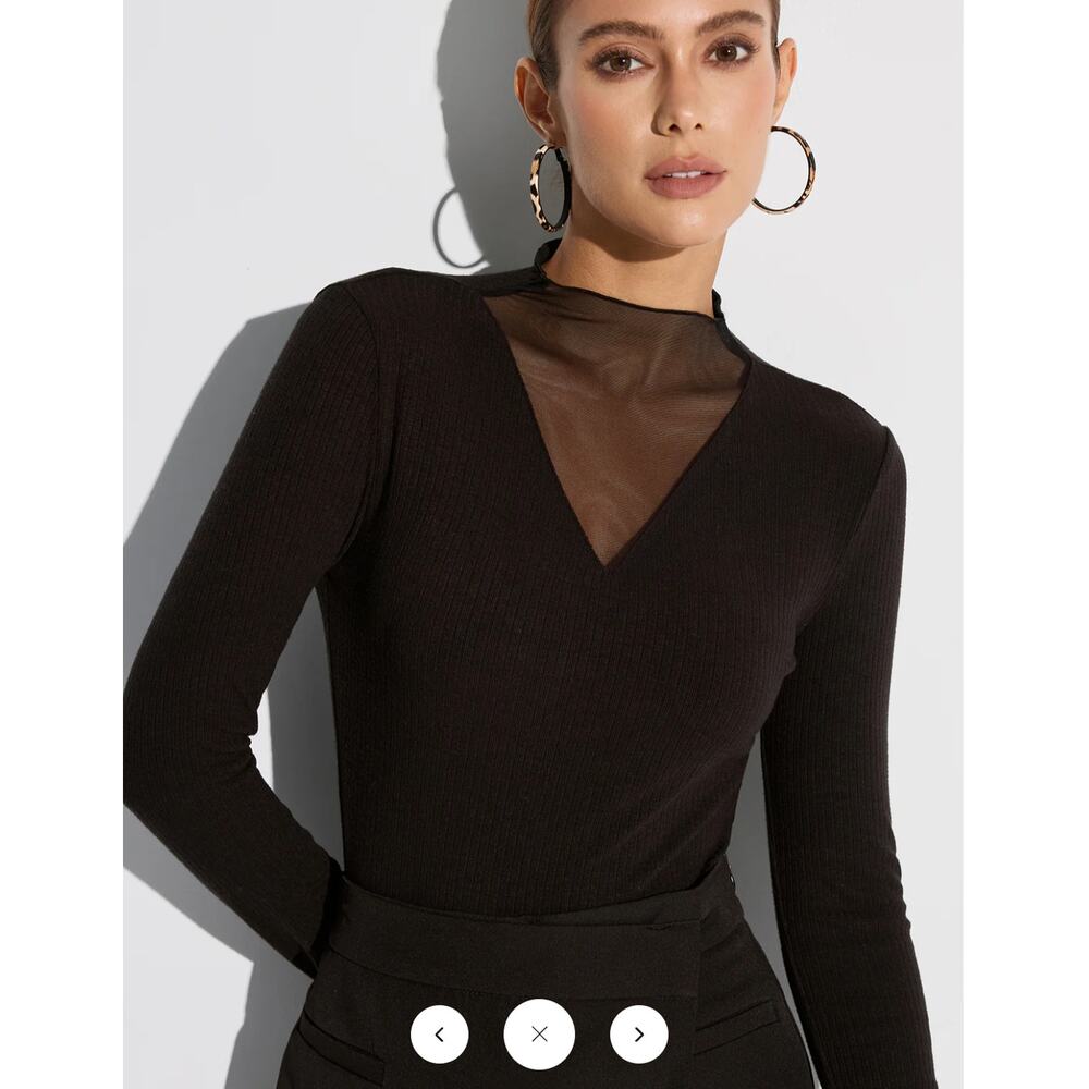 NWT Commence Sheer Mesh Neckline Ribbed Blouse Sz L